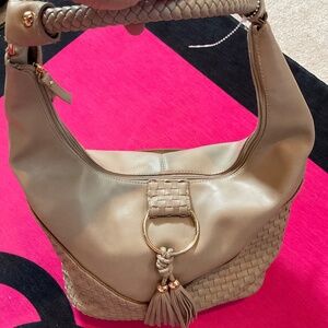 Cato weave bag light brown with gold hardware and tassel NWOT